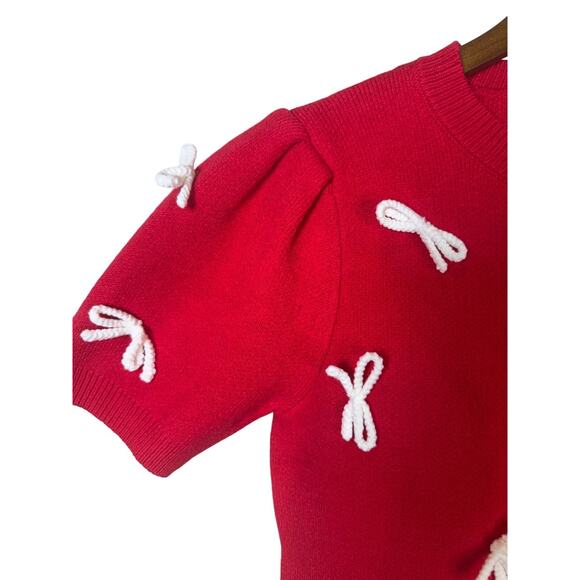 She + Sky Red Knit Short-Sleeve Cardigan Bow Button Front S Cute Preppy - Picture 3 of 8